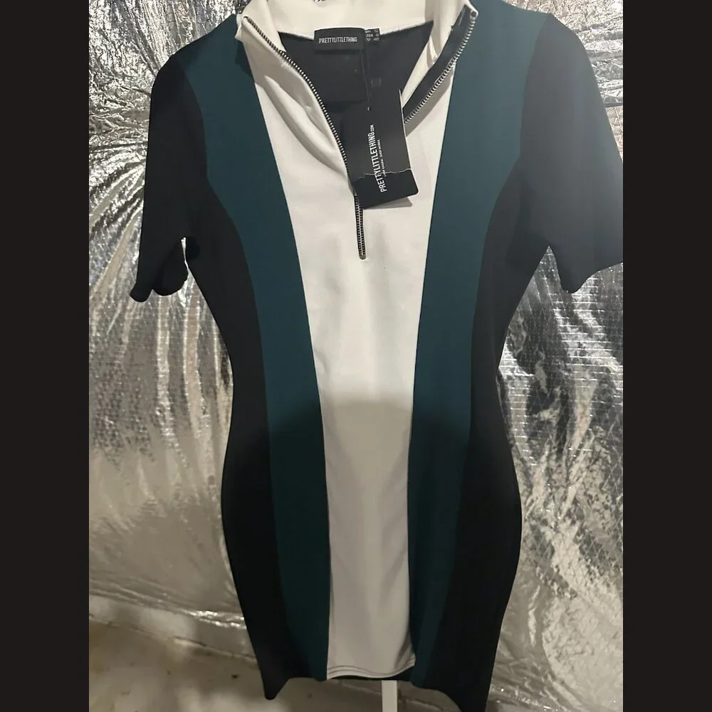 Pretty Little Thing Color Block Bodycon Dress Size 8 | Half Zip‎ Closure Style